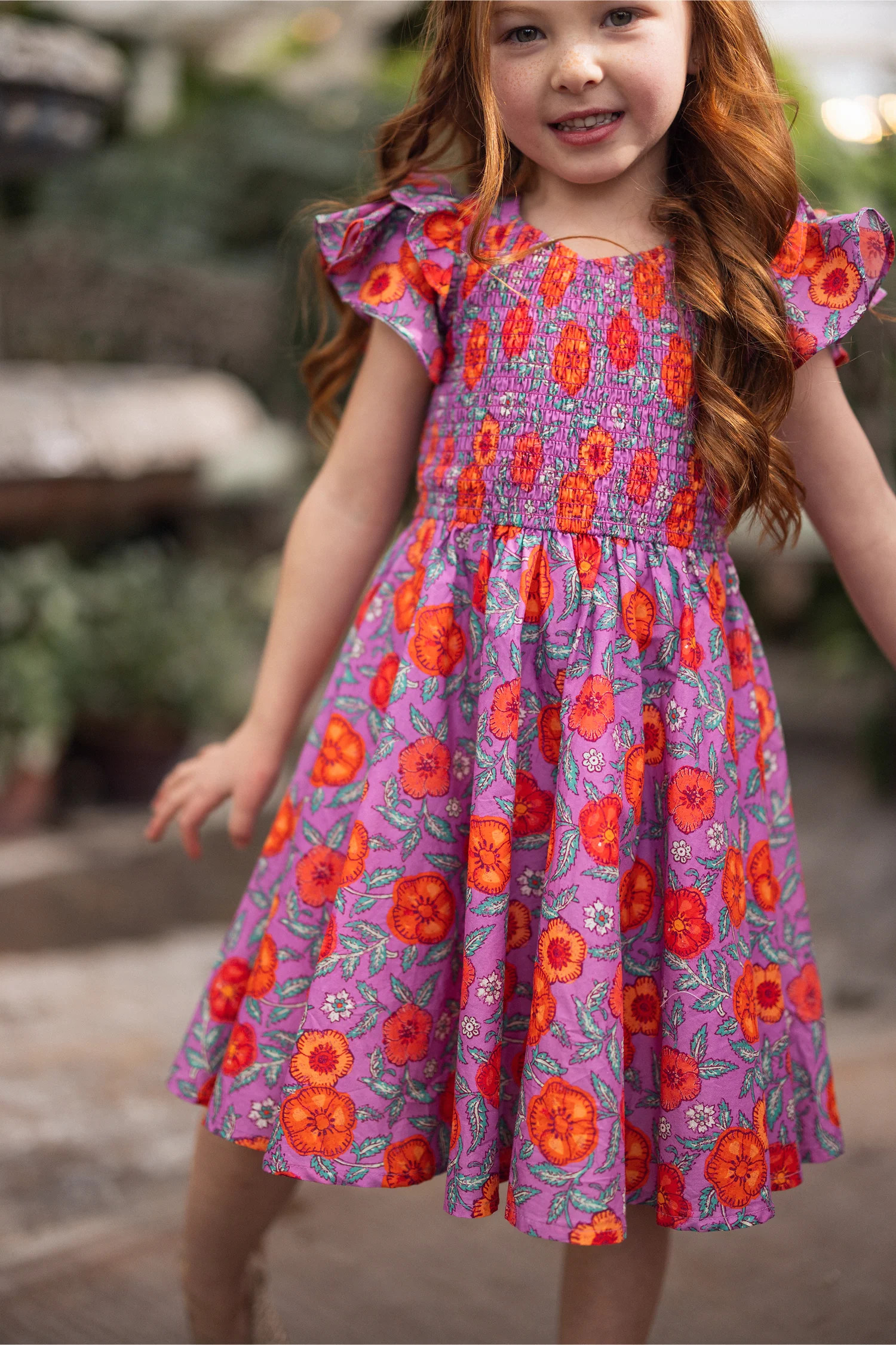 Mini Hattie Dress in Thistle Flower Poppy Woodblock | Ivy City Co