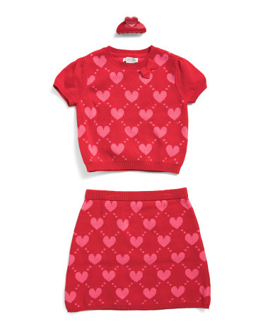Girls 3pc Short Sleeve Argyle Heart Sweater Skirt And Hair Clip Set | Marshalls