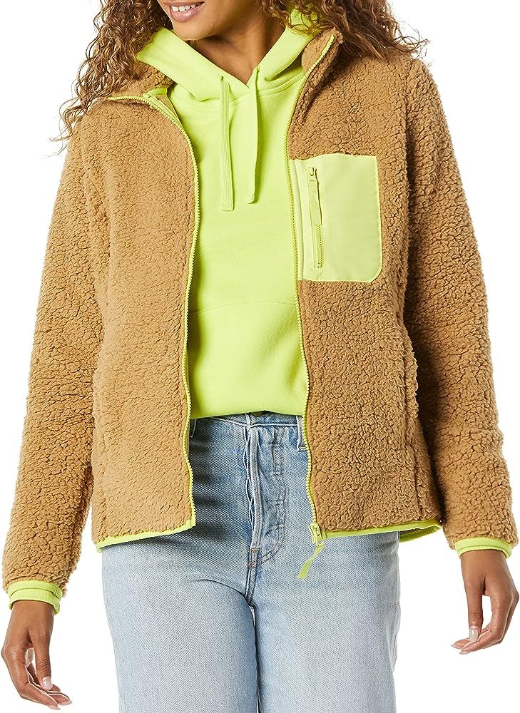 Amazon Essentials Women's Sherpa Long-Sleeve Mock Neck Full-Zip Jacket with Woven Trim | Amazon (US)