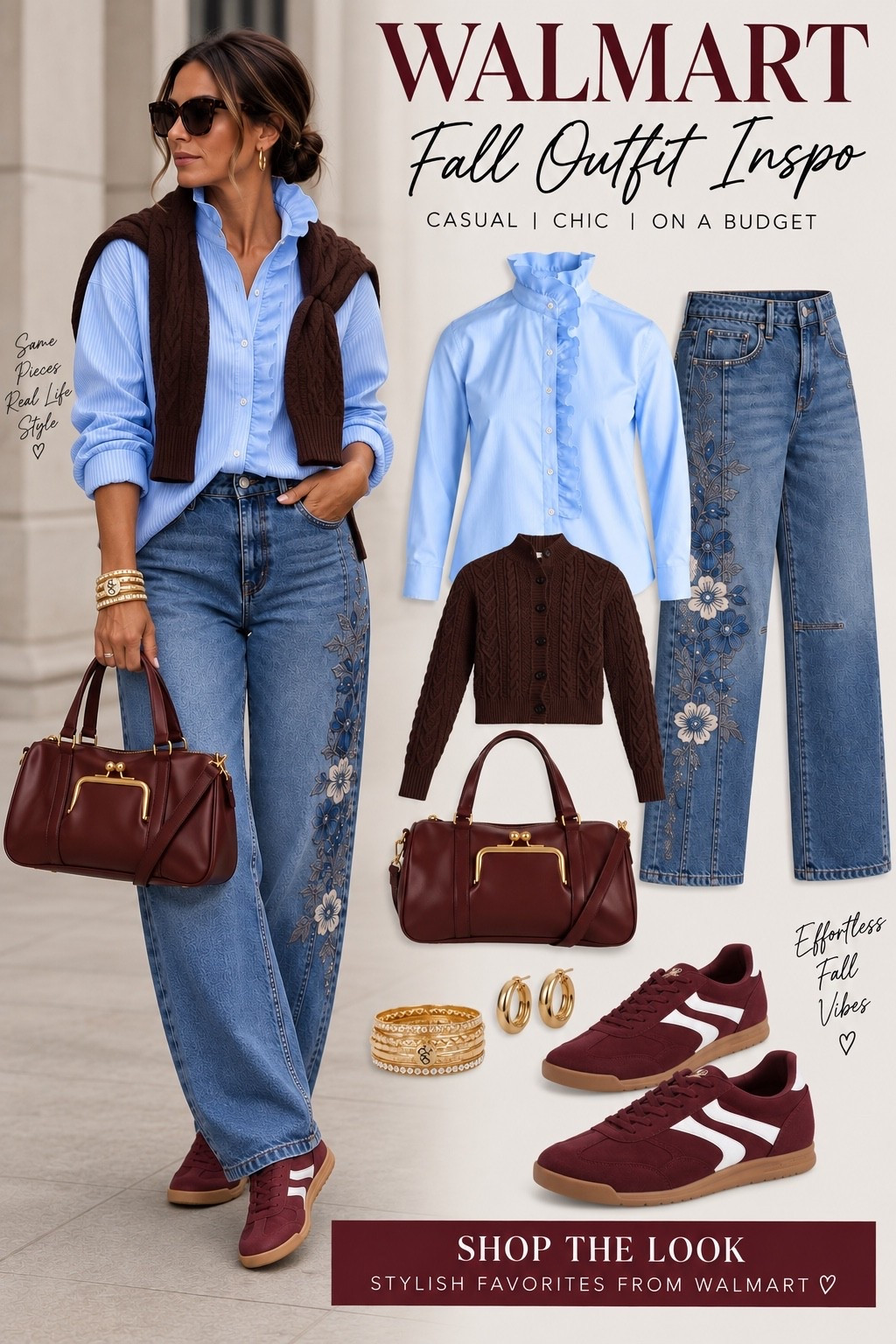 I usually keep my denim pretty classic, but these jeans convinced me to make an exception. The embroidery brings just enough personality, while the crisp ruffle blouse keeps everything feeling polished. Add burgundy sneakers, a chocolate cable-knit tossed over the shoulders, and that bag—and suddenly Walmart is making a very good case for having a little more fun with fall style.

#WalmartFashion #WalmartFinds #FallStyle #FallOutfitIdeas #LTKStyle #Over40Style #Over50Style #ClassicStyle #CasualChic #EverydayStyle

#LTKootd #LTKOver40 #LTKMidsize