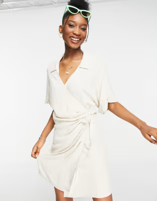 ASOS DESIGN linen wrap mini dress in natural | ASOS (Global)