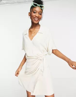 ASOS DESIGN linen wrap mini dress in natural | ASOS (Global)
