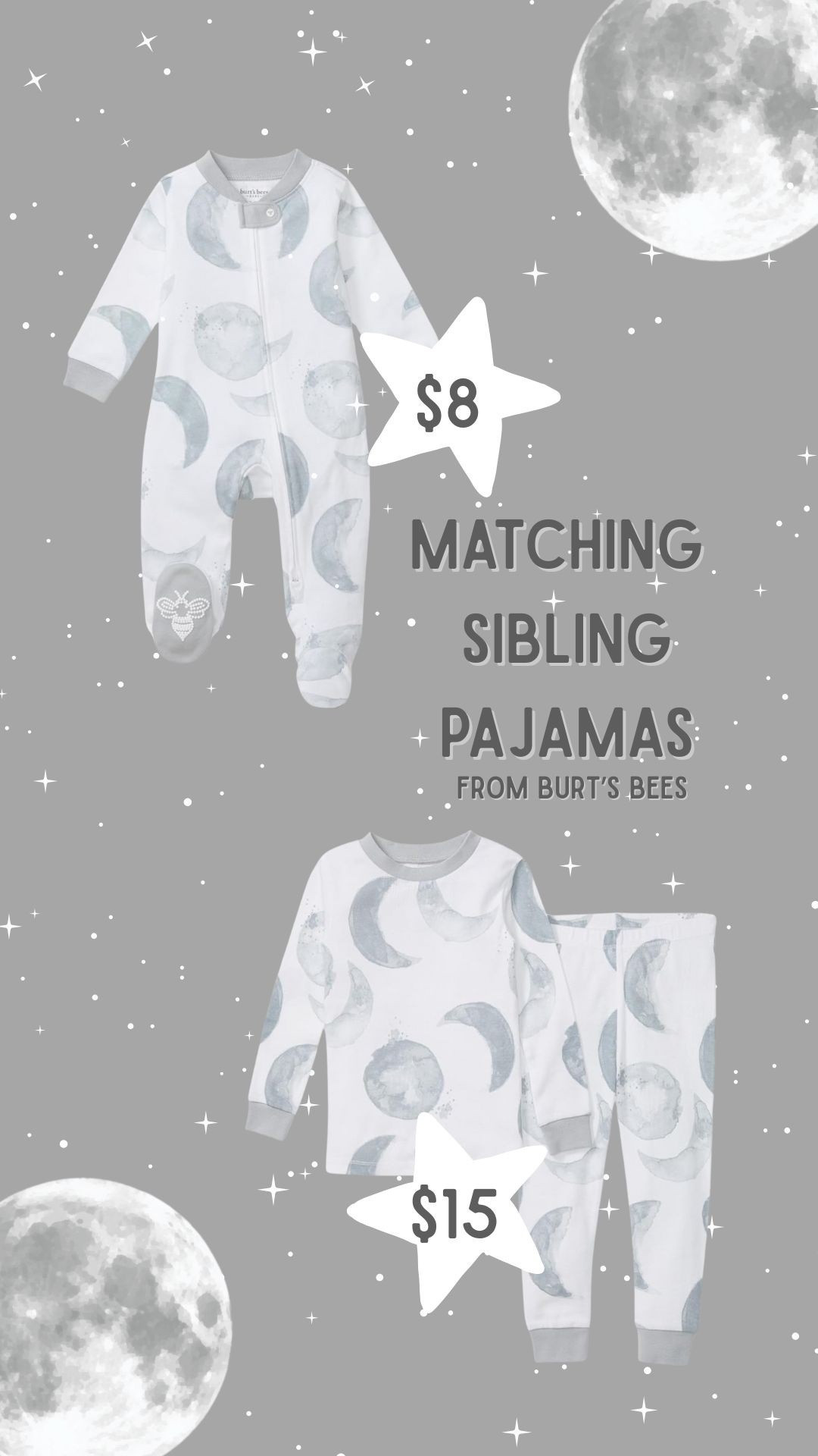 the cutest, neutral, matching moon jammies for the cutest siblings from Burt’s Bees. available in one-piece zippies or two-piece sets, from newborn to size 12. less than $15 each, and the zippies are on sale for less than $8 right now! 

#LTKBaby #LTKSaleAlert #LTKKids