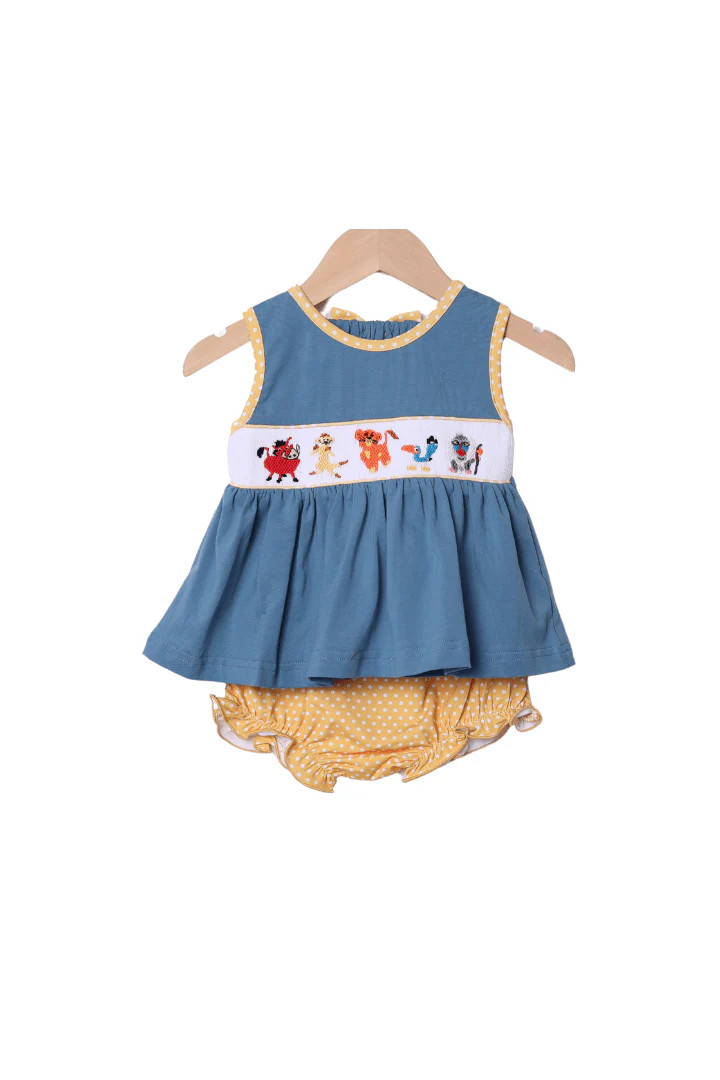 Smocked Lion and Friends Stone Blue Bloomer Set | The Smocked Flamingo