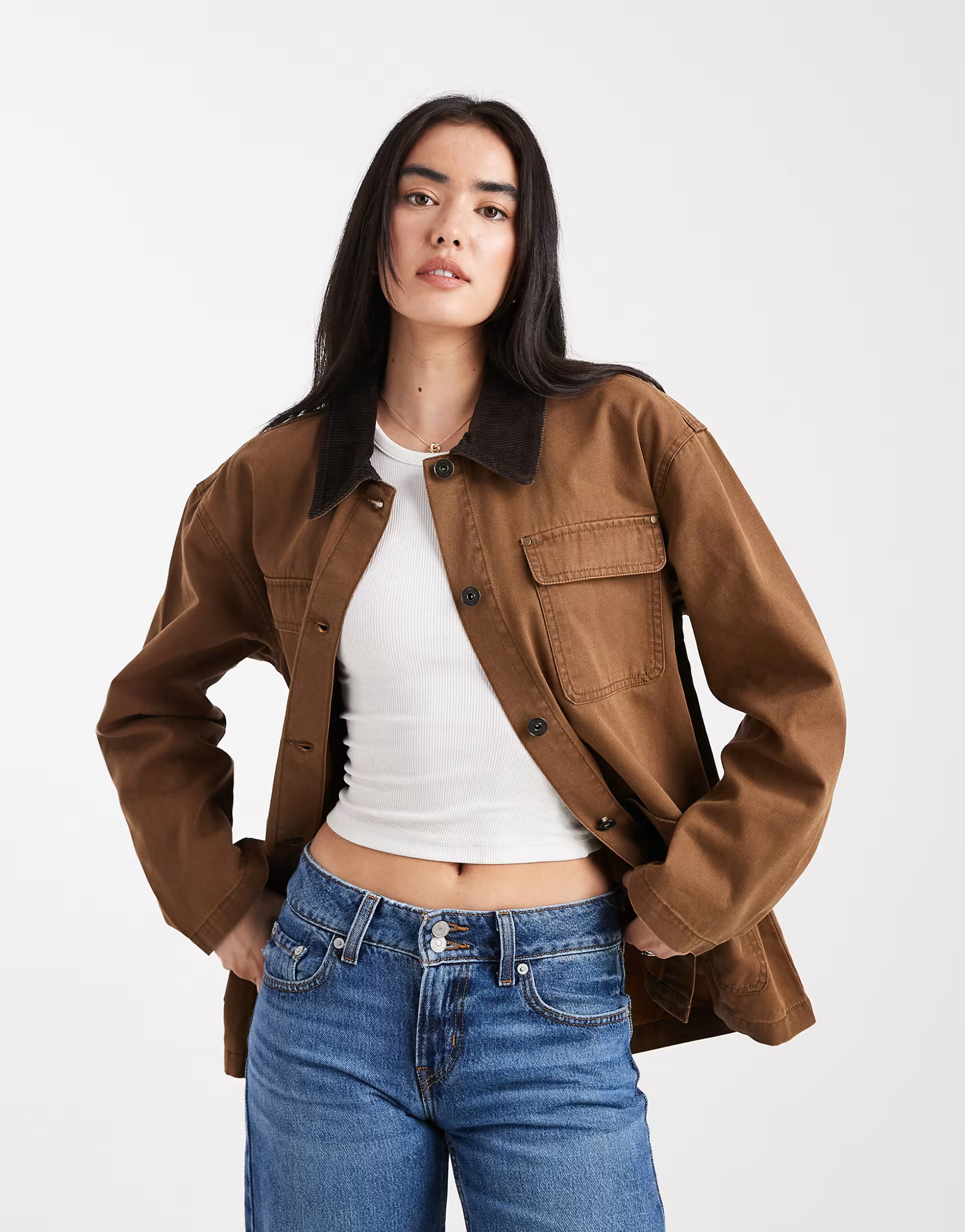 Home› Women› Coats & Jackets› ONLY cord collared long barn jacket in brown | ASOS (Global)