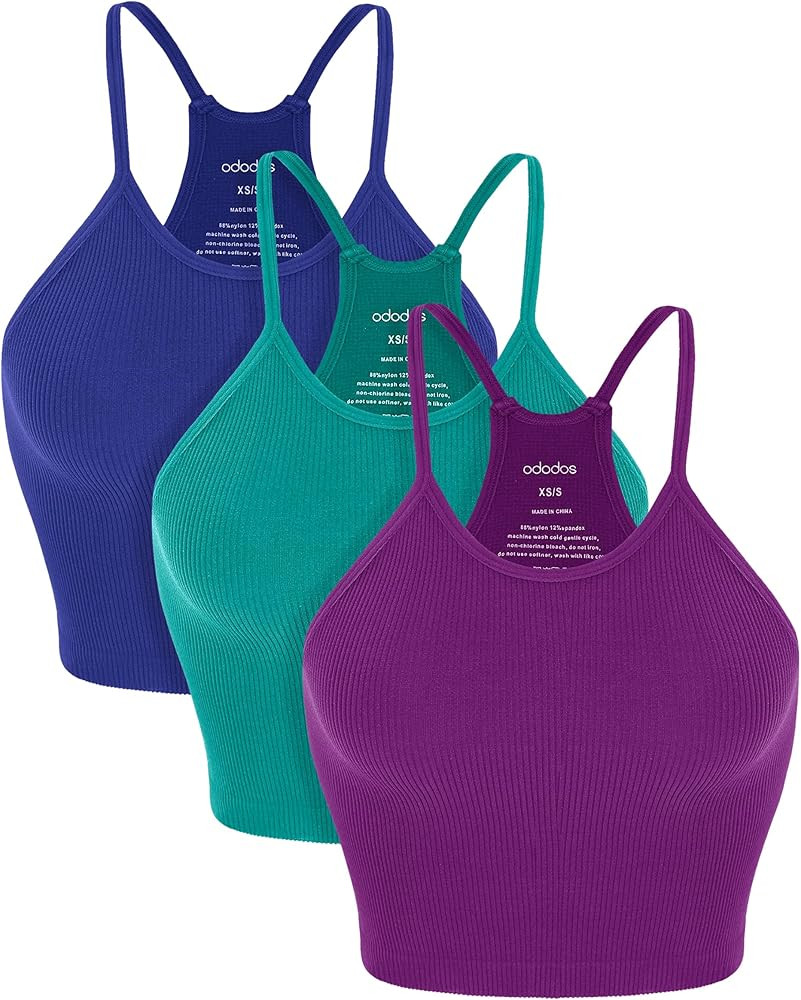 ODODOS Women's Crop 3-Pack Seamless Rib-Knit Camisole Crop Tank Tops | Amazon (US)