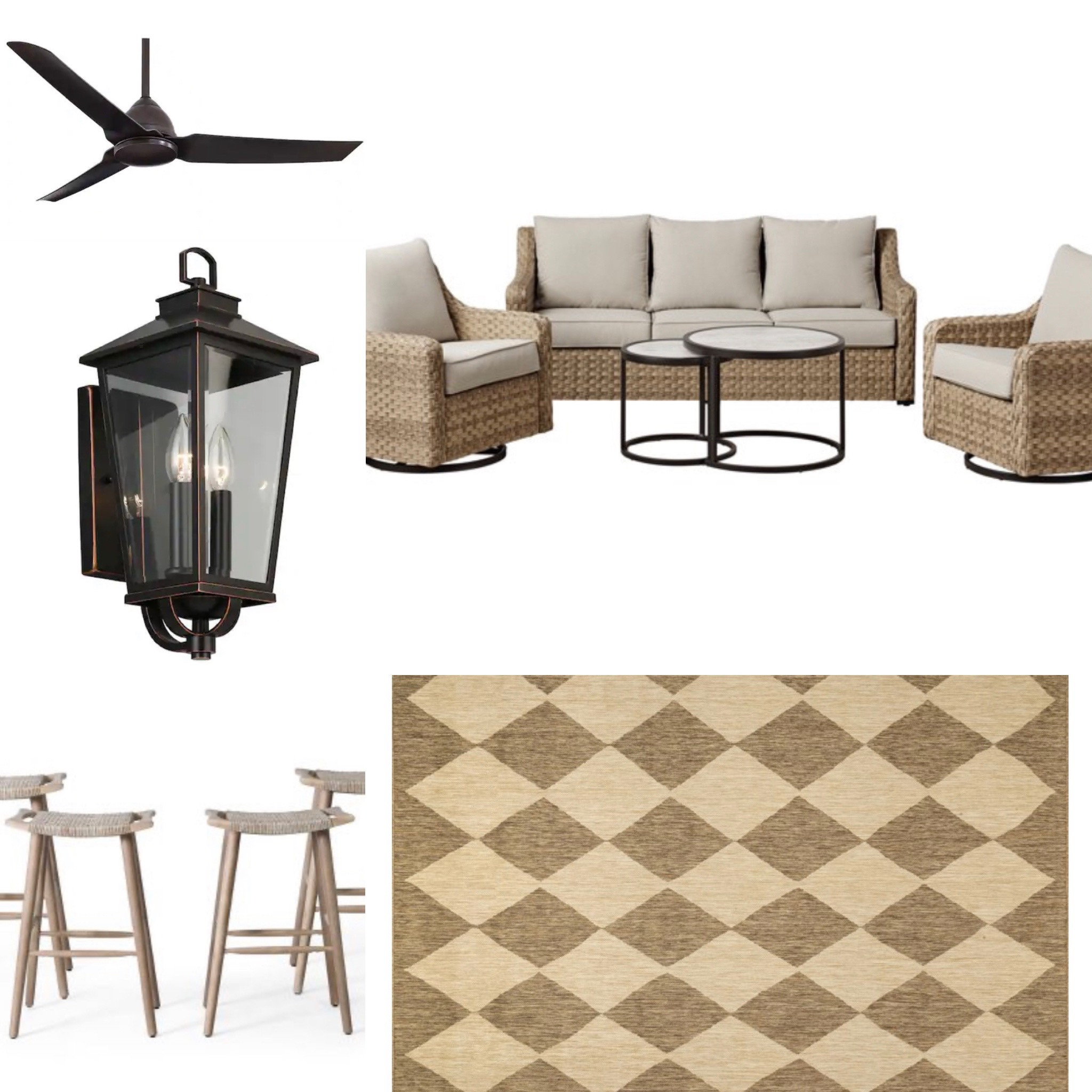 Outdoor patio furniture 
Rattan patio set
Couch 
Chairs
Coffee tables
Outdoor ceiling fan
Bronze wall light sconces
Affordable 
Diamond pattern
Outdoor rug
Walmart finds
Counter height outdoor stool
Patio refresh
Patio and pool 

#LTKSeasonal #LTKhome #LTKFind