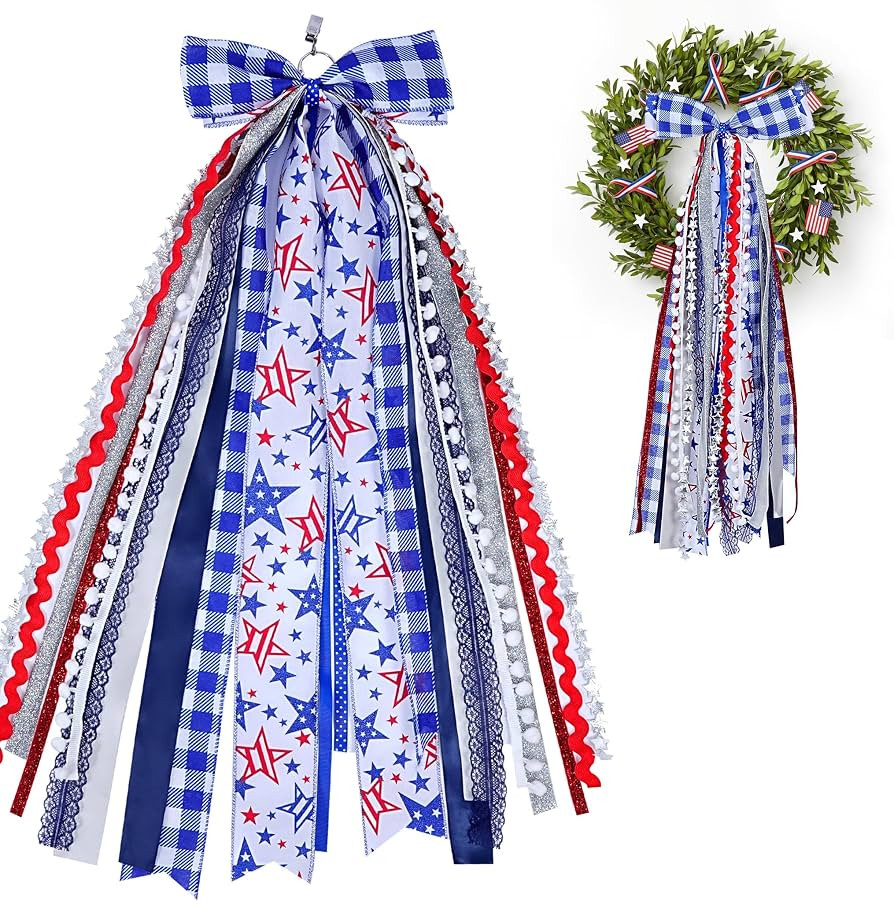 Patriotic Bows for Wreaths Red White Blue Grid Stars Tree Topper Bow for 4th of July,Independence... | Amazon (US)