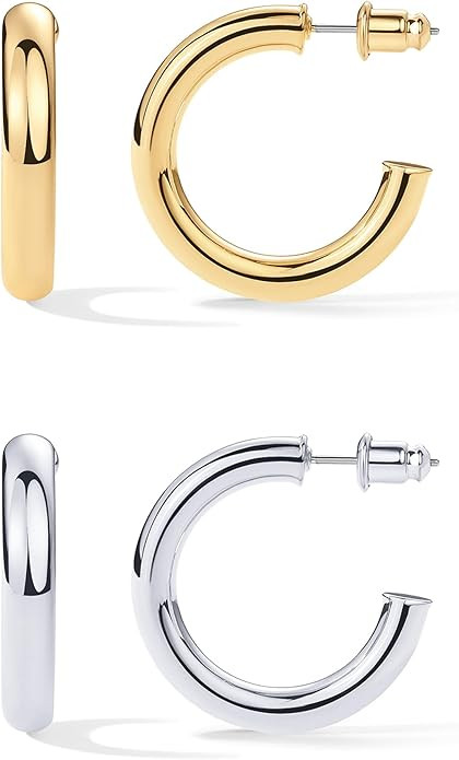 PAVOI 14K Gold Plated Lightweight Chunky Open Hoops for Women | Trendy Gold Hoop Earrings | Amazon (US)