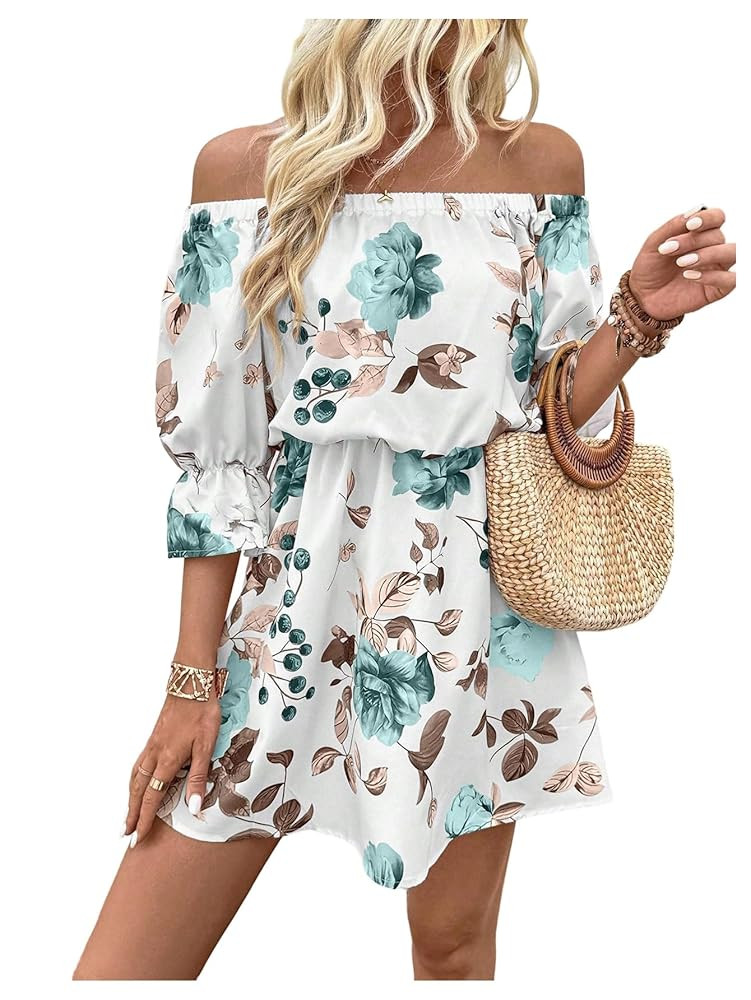 Floerns Women's Fall Floral Mini Dress Off Shoulder 3/4 Length Sleeve Beach A Line Dresses | Amazon (US)