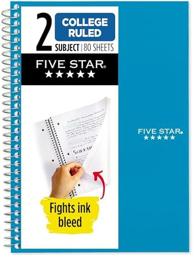 Five Star Spiral Notebook, 2 Subject, College Ruled Paper, 6" x 9-1/2", 80 Sheets, Fights Ink Ble... | Amazon (US)