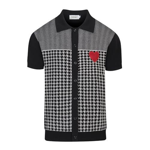 OXKNIT Men's Knit Short Sleeve Shirts Button Down Vintage Knitted Embroidery Heart Pattern Polo Shirt Black Polo | Amazon (US)