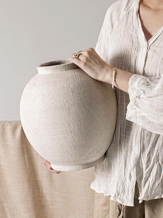 White Ceramic Vase - Large 12.5 Inch Round Floor Vase for Centerpieces, Farmhouse Rustic Minimali... | Amazon (US)