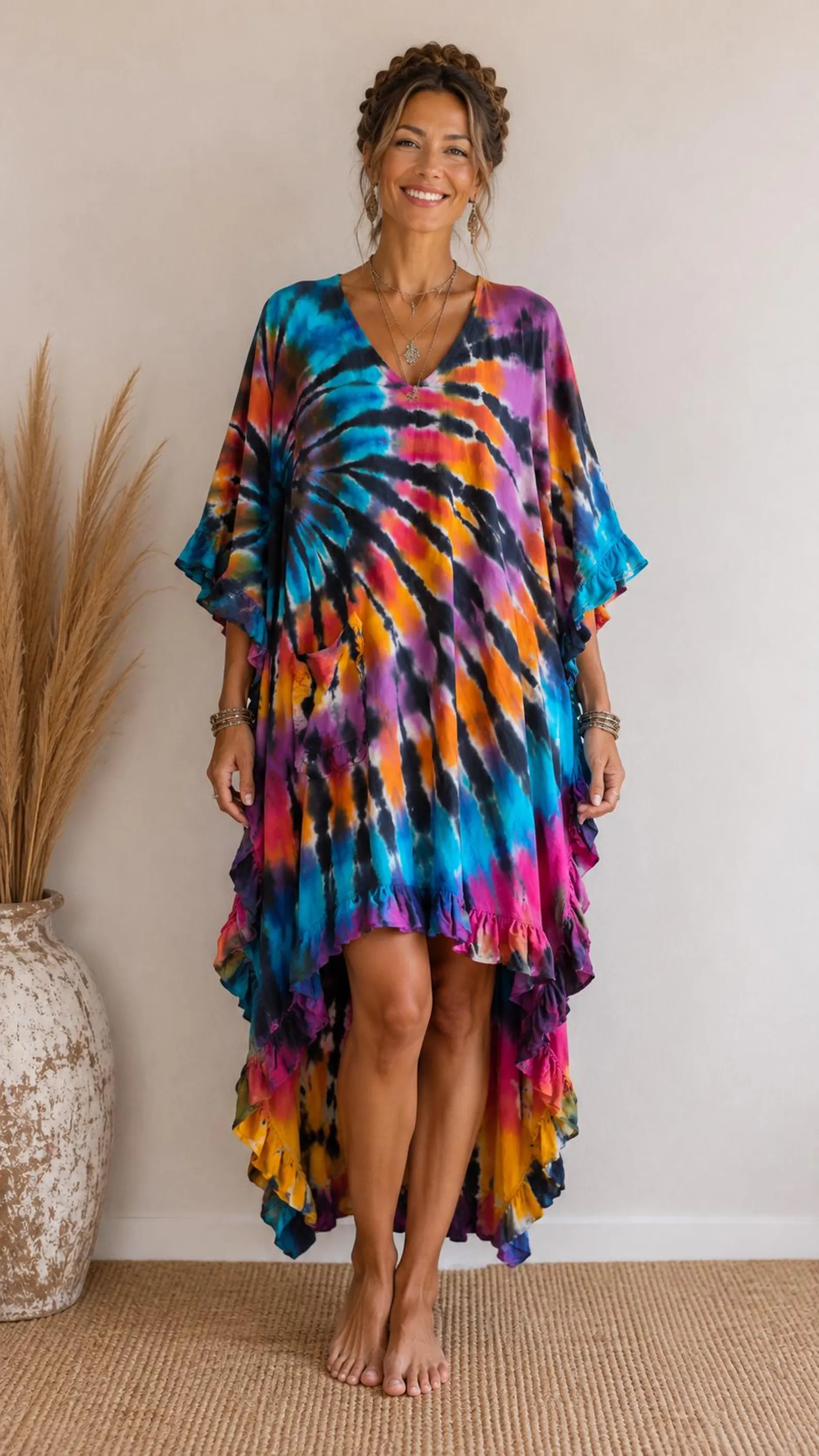 Handmade Tie Dye Cotton Poncho Dress, Bohemian Ruffle Hem, Size XXL | Etsy (Global)