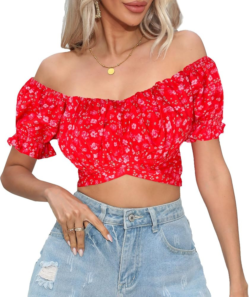 Women's Crop Tops Ruffle Short Sleeve Tie Back Summer Off Shoulder Top Blouse | Amazon (US)