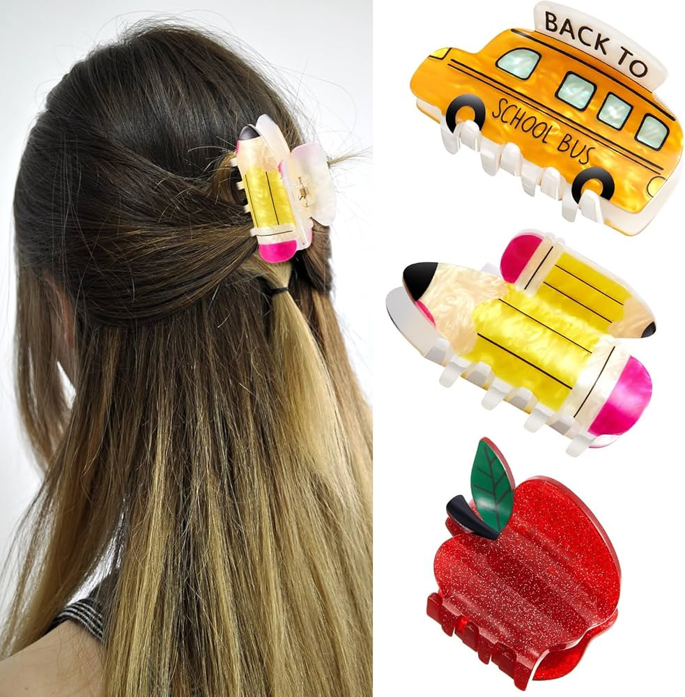 3 Pcs Pencil School Bus and Apple Hair Claw Clips Back to School Teacher Clips Cute Jaw Barrettes... | Amazon (US)