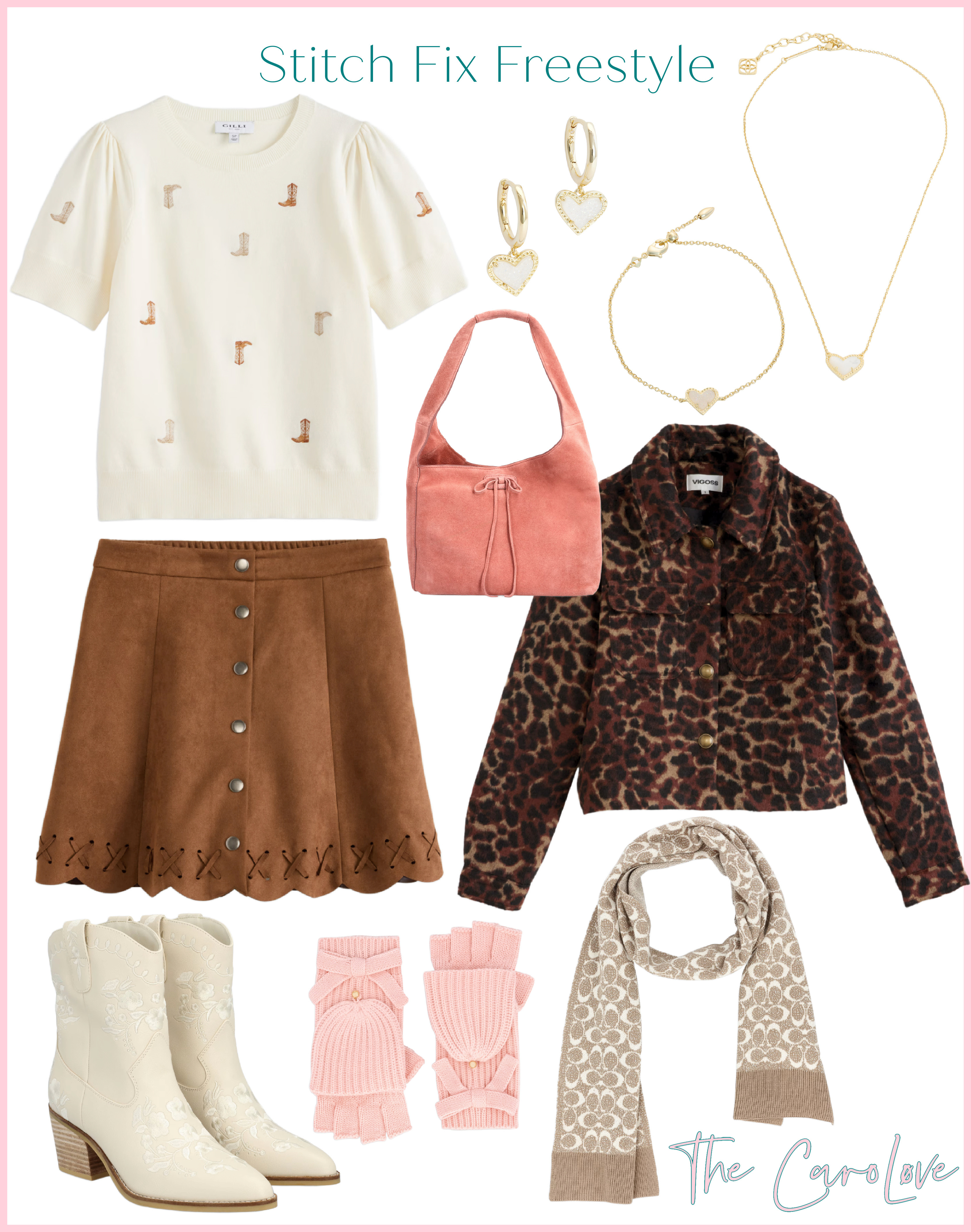 Cozy winter outfit idea from Stitch Fix Freestyle 🤍
Shopping Stitch Fix without a subscription is possible with Freestyle—this look features a knit embroidered top, suede mini skirt, cropped leopard jacket, western-inspired booties, cozy scarf, and feminine heart jewelry. Perfect for everyday winter outfits, casual brunch looks, and cold-weather styling. 

 #LTKgrwm #LTKMidsize #LTKFindsUnder100