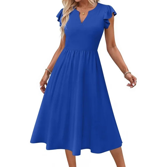 Fantaslook Summer Dresses for Women Ruffle Sleeve V Neck Midi Dresses Fashion Casual Flowy Vacati... | Walmart (US)