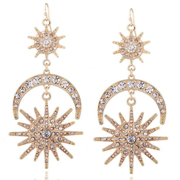 LEAQU 1Pair Women Luxury Sun Moon Drop Earrings Shiny Rhinestone Ear Hook Boho Statement Jewelry ... | Walmart (US)