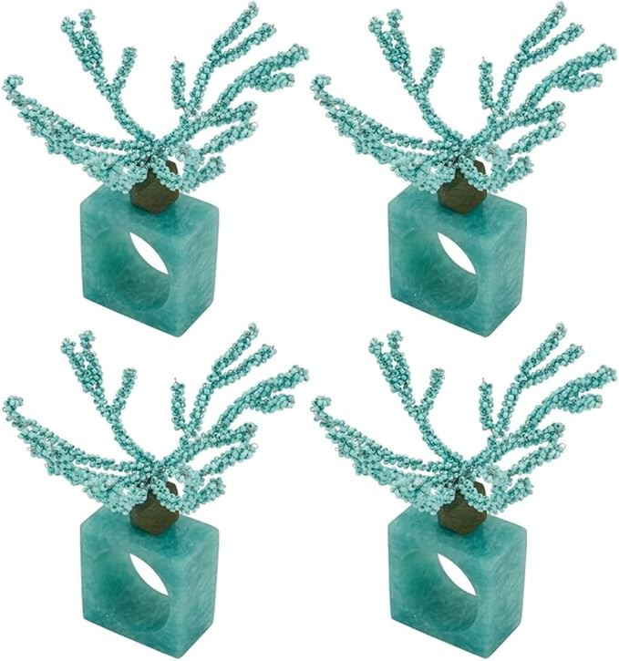 Fennco Styles Coral Beaded Resin Napkin Rings, Set of 4 - Aqua Charming Coastal Napkin Holders fo... | Amazon (US)