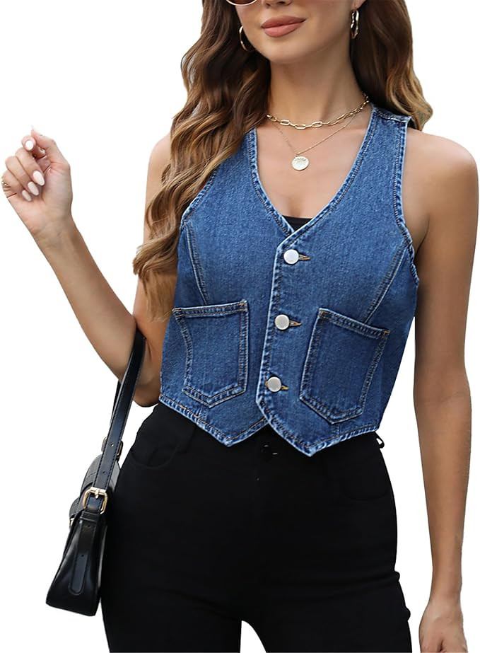 Ladyful Womens Crop Denim Vest Top Sleevelesss V Neck Jean Waistcoat Vest | Amazon (US)