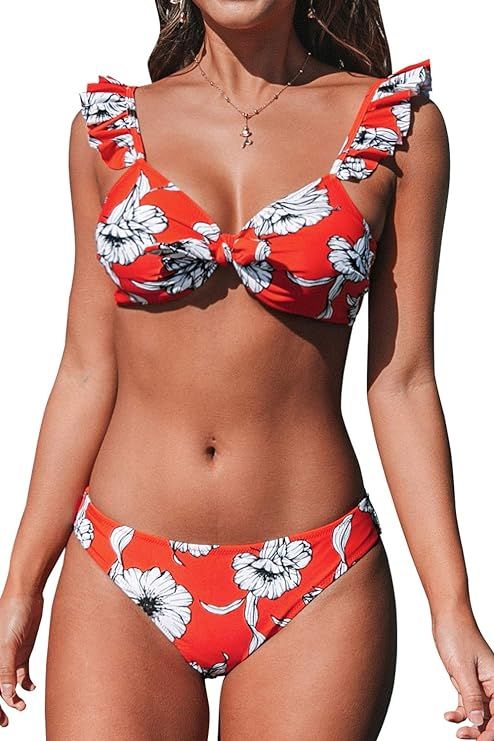 CUPSHE Women's Red Floral Knotted Ruffled Low Rise Two Piece Bikini Sets | Amazon (US)