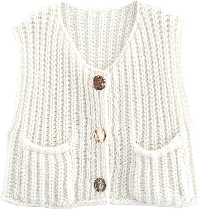 Hixiaohe Womens Crochet Chunky Knit Top Sleeveless Button Down Crop Tops Trendy Cardigan Sweater ... | Amazon (US)