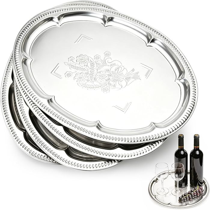 4 Pack Large Silver Serving Trays Set 15.7" x 11.8", Floral Pattern Engraved Mirror Tray, Tablewa... | Amazon (US)