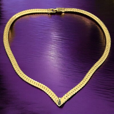 Vintage NAPIER Gold Tone V Shaped Collar Choker Herringbone Chain Necklace 1980s  | eBay | eBay US
