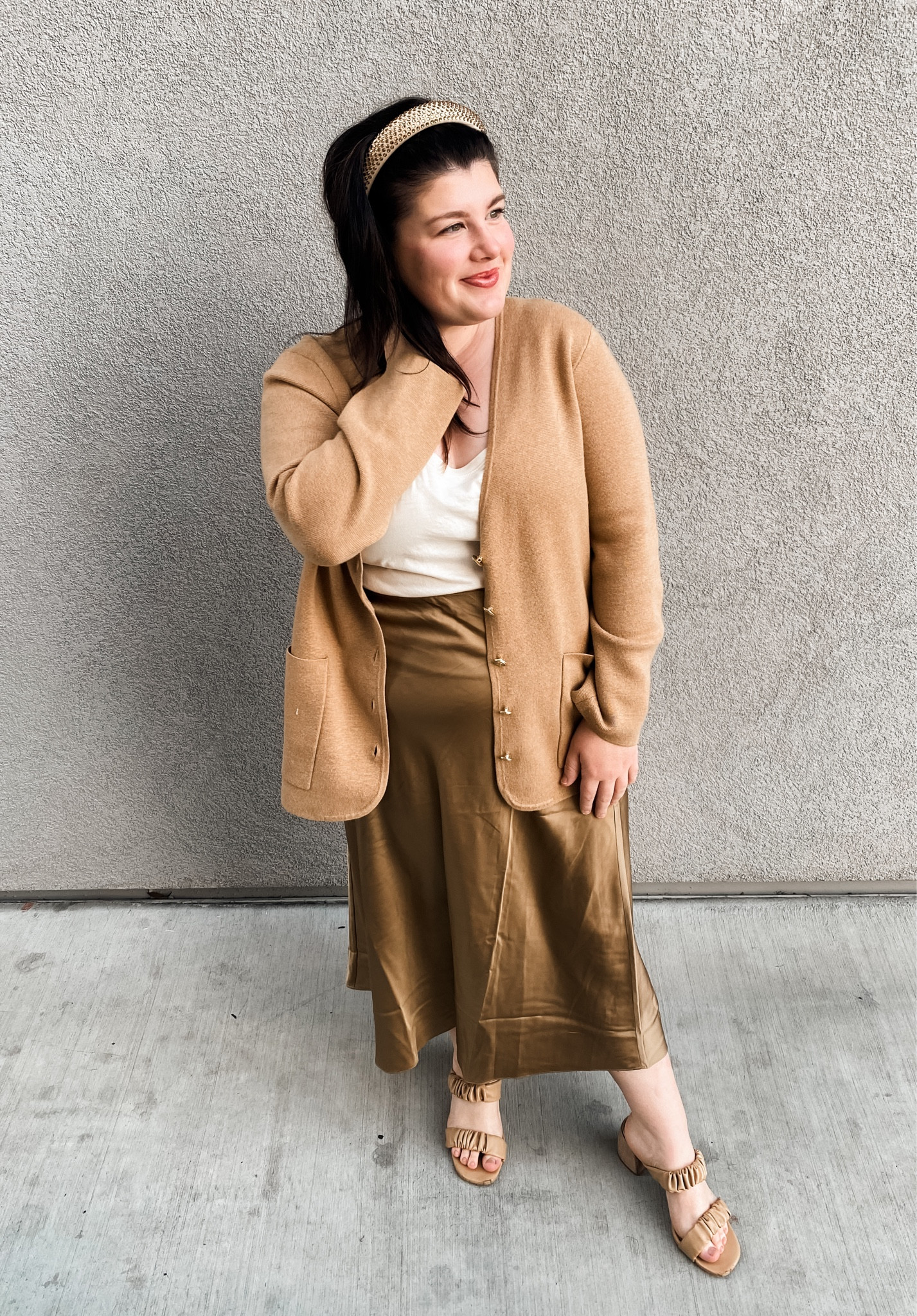 neutral tan slip skirt cardigan outfit, perfect for a dinner date, all from J Crew!

#LTKstyletip #LTKmidsize #LTKfindsunder100