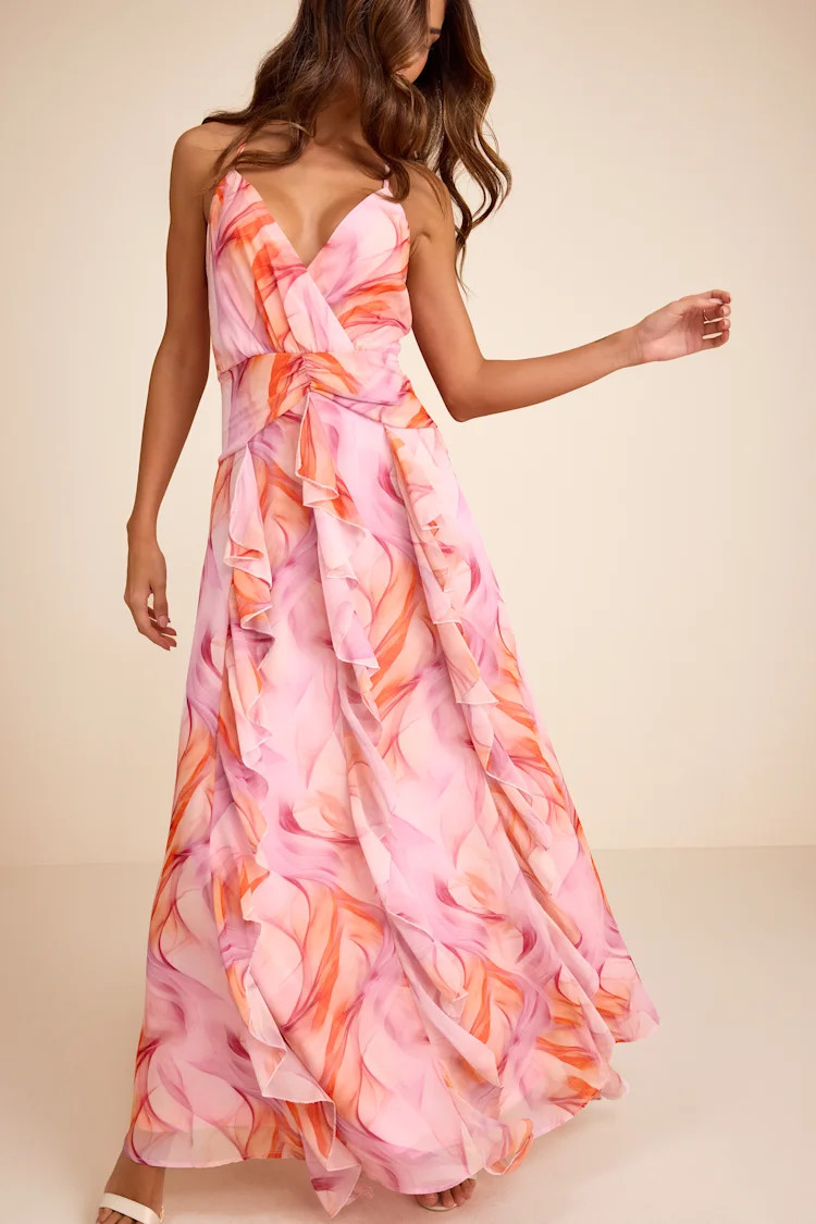 Astraea Lilac and Orange Abstract Surplice Ruffled Maxi Dress | Lulus
