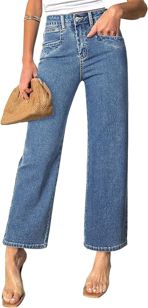 Sidefeel Women's Straight Leg Jeans High Waisted Stretchy Jeans Zimbaplatinum Wide Leg Ankle Deni... | Amazon (US)