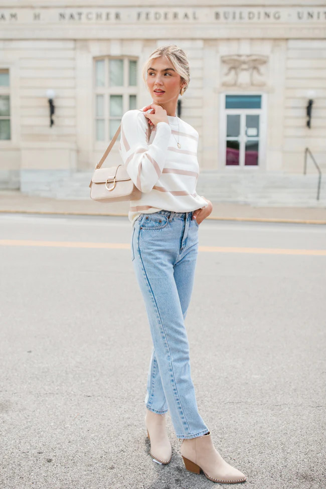 Crushing On You Ivory And Brown Striped Crew Neck Sweater | Pink Lily