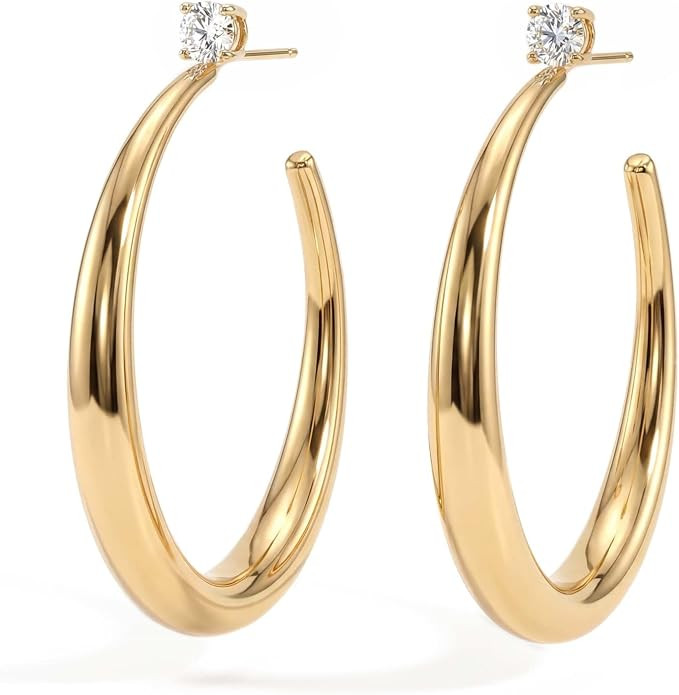 Large Gold Hoop Earrings for Women Trendy 14K Gold Plated Big Open Hoops Stud Earrings Statement ... | Amazon (US)