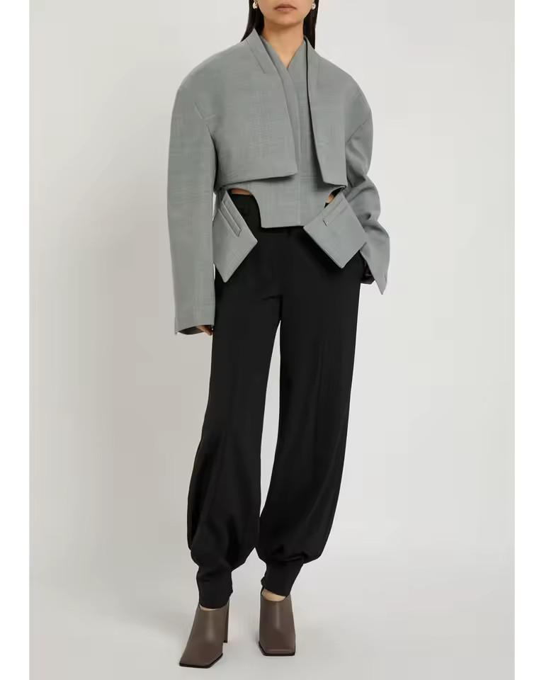Grey Solid Irregular Blazer Suit Jacket Women Chic Shoulder Pad Full Sleeve Split High Waist Coat... | AliExpress (US)