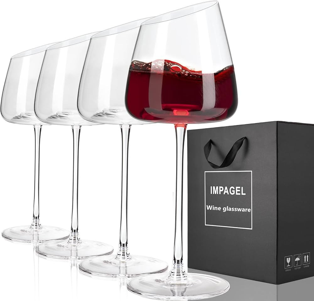 Amazon.com | Slanted Red/White Wine Glasses, Set of 4, Elegant Hand-Blown Long Stem Wine Glasses ... | Amazon (US)