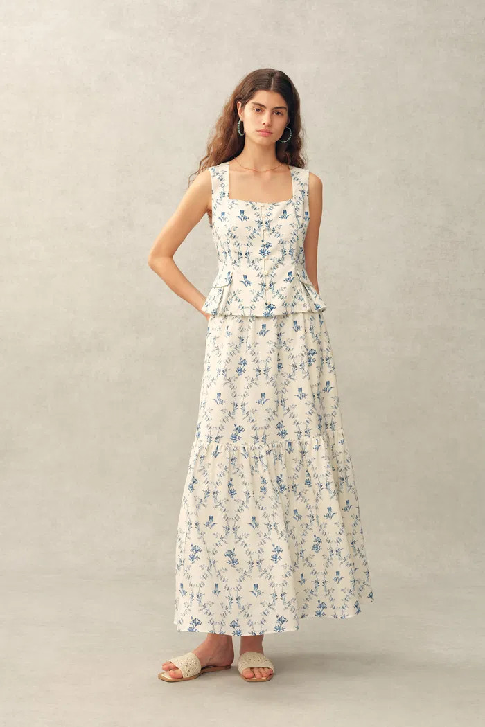Elara Pleated Floral Square Neck Pearl Button Sleeveless Top and Skirt | Fabrique