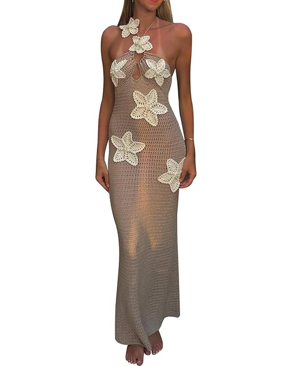 Ptorlio Womens Swimsuit Cover Up Summer Halter Beach Floral Bodycon Sleeveless Coverup Crochet Ma... | Amazon (US)