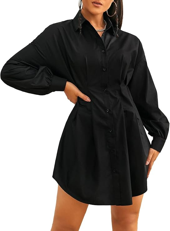 GORGLITTER Women's Button Up Long Sleeve Mini T Shirt Dress Lapel Collar Pleated Flared Short Dre... | Amazon (US)