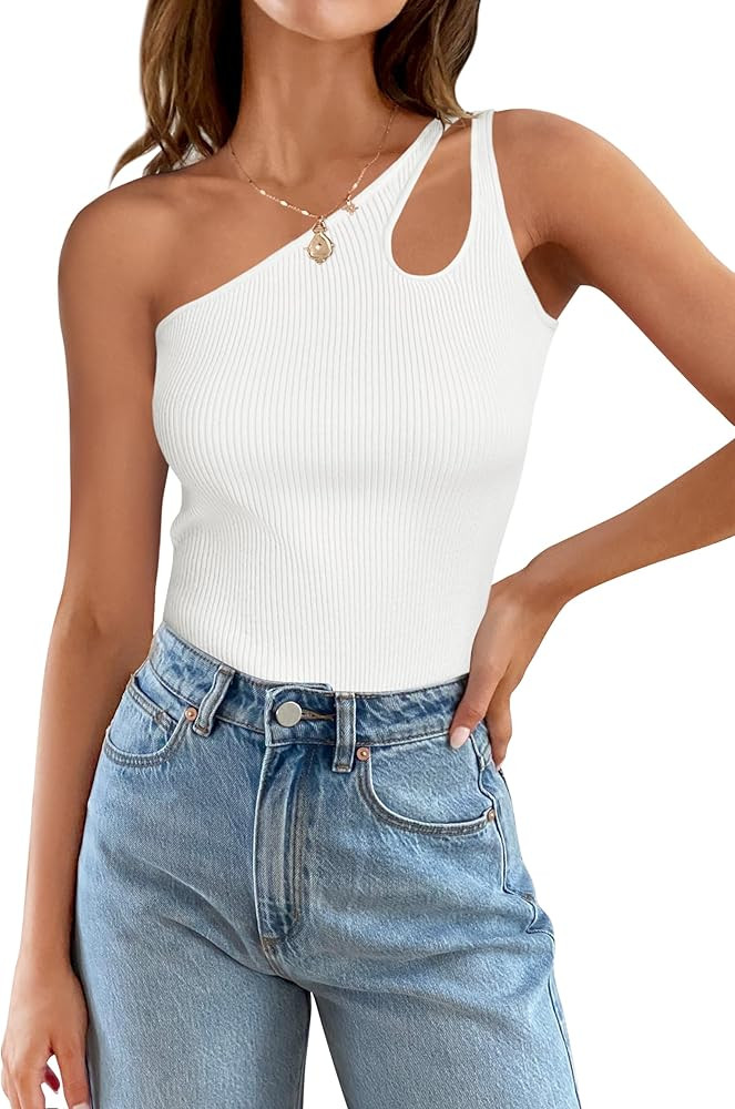 ZESICA Womens 2024 Summer One Shoulder Tank Tops Sleeveless Cut Out Ribbed Knit Slim Fitted Basic... | Amazon (US)