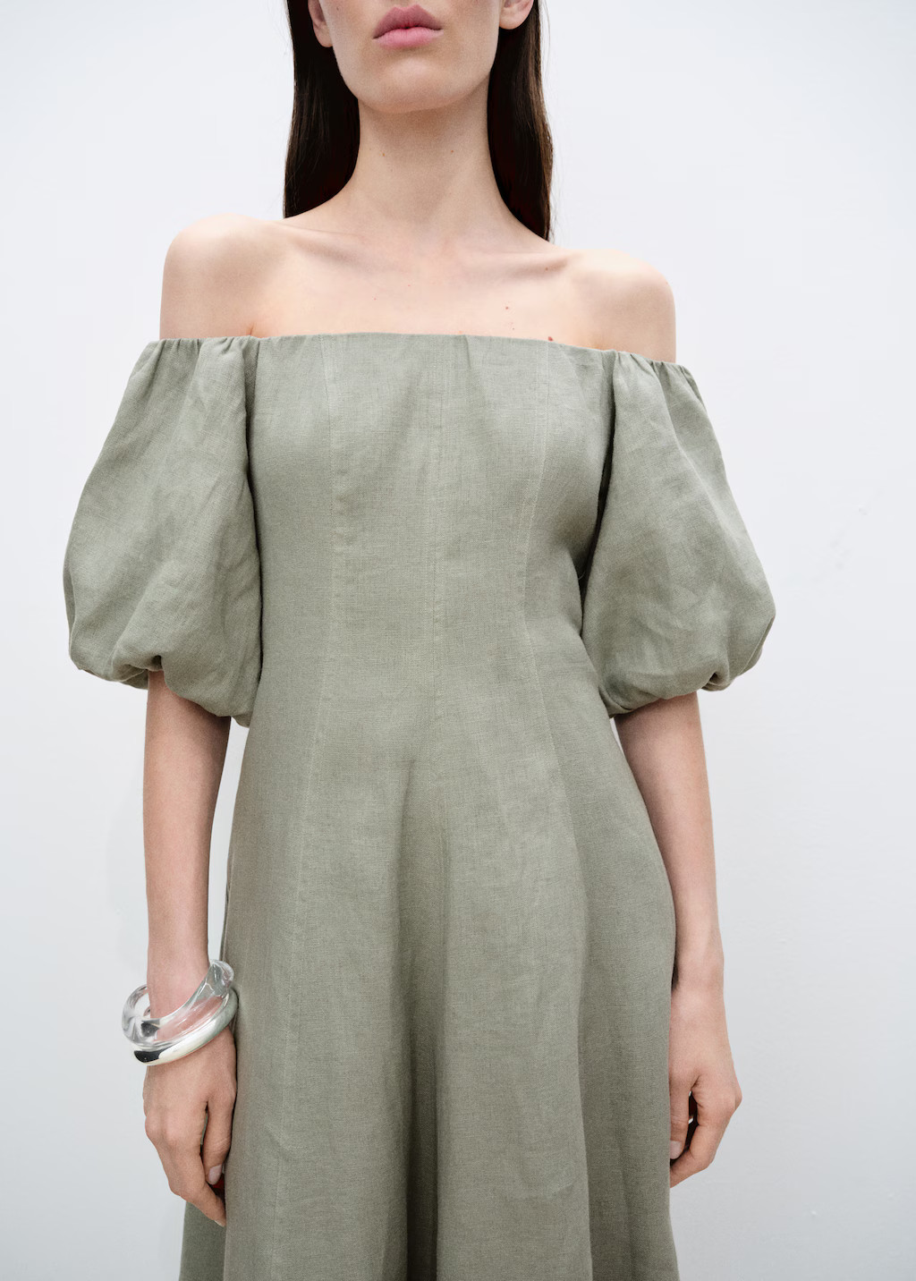 Puffed-sleeve linen dress - Women | MANGO United Kingdom | MANGO (UK)