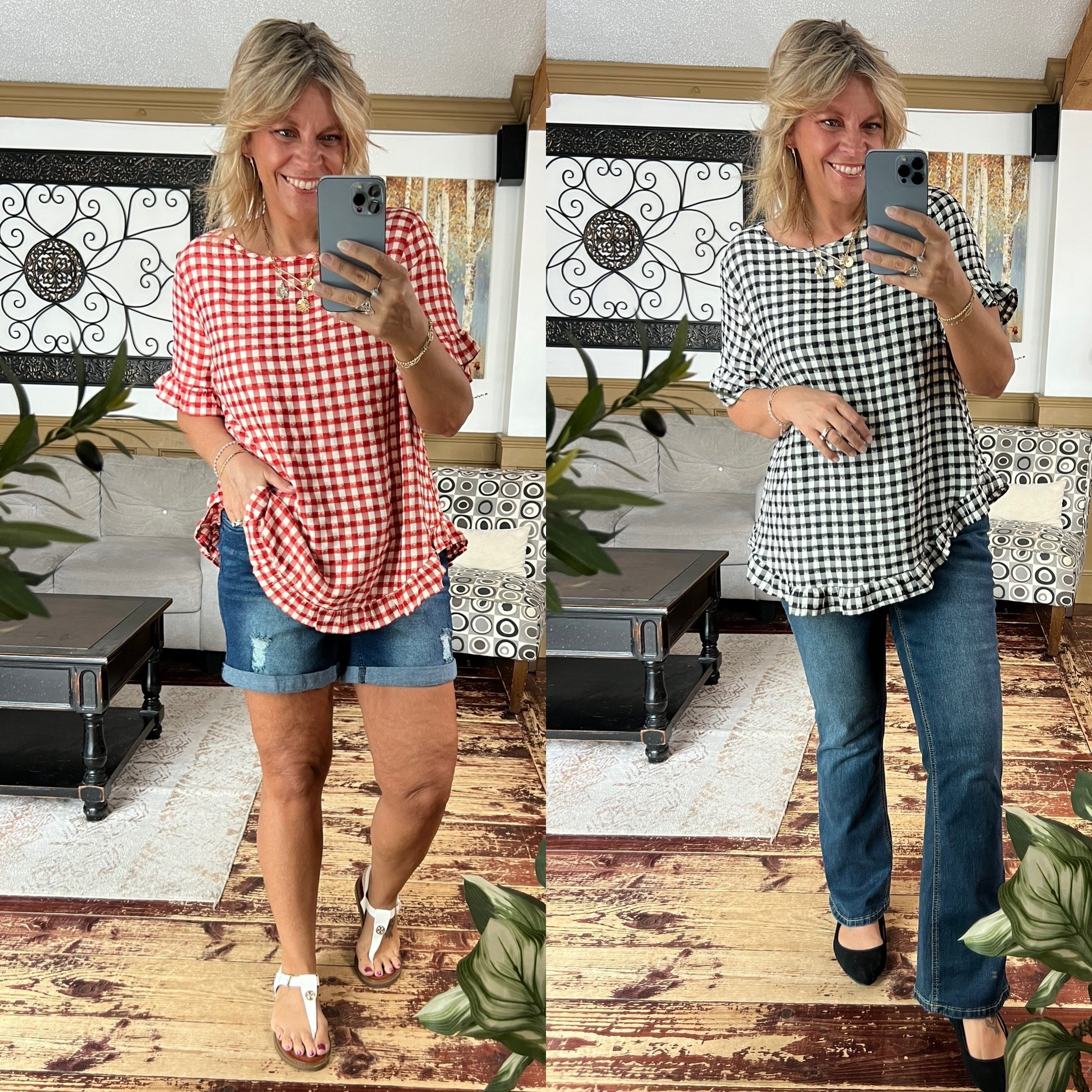 Ruffle & button detail gingham top- size 12. Jeans and elastic waist shorts both size 14. 

#LTKFindsUnder50 #LTKSeasonal #LTKMidsize
