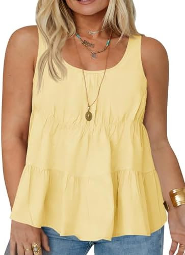 Beautife Womens Plus Size Peplum Babydoll Tank Tops Sleeveless Pleated Scoop Neck Cotton Loose Fl... | Amazon (US)