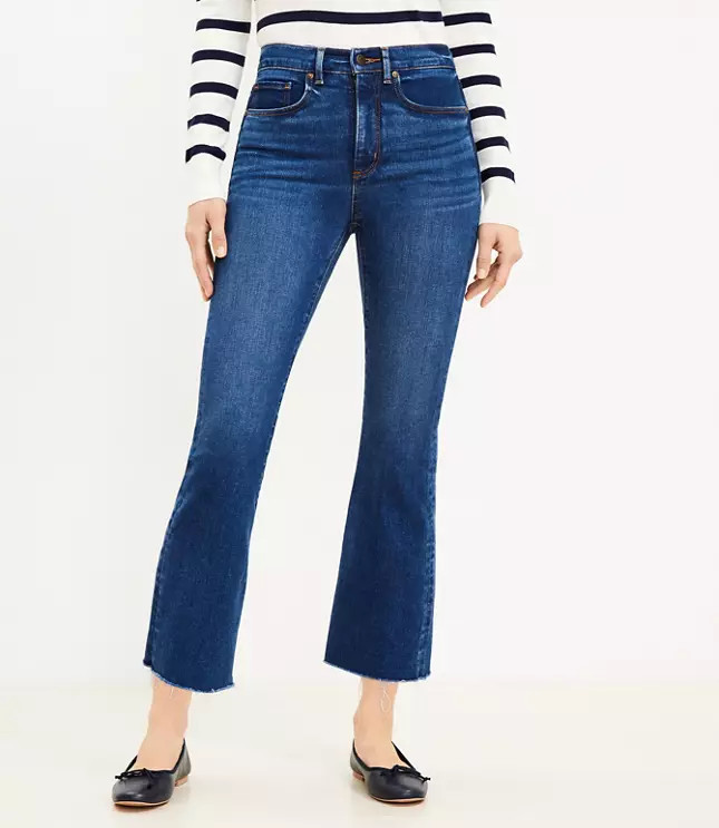 Curvy Destructed Hem High Rise Kick Crop Jeans in Clean Dark Wash | LOFT