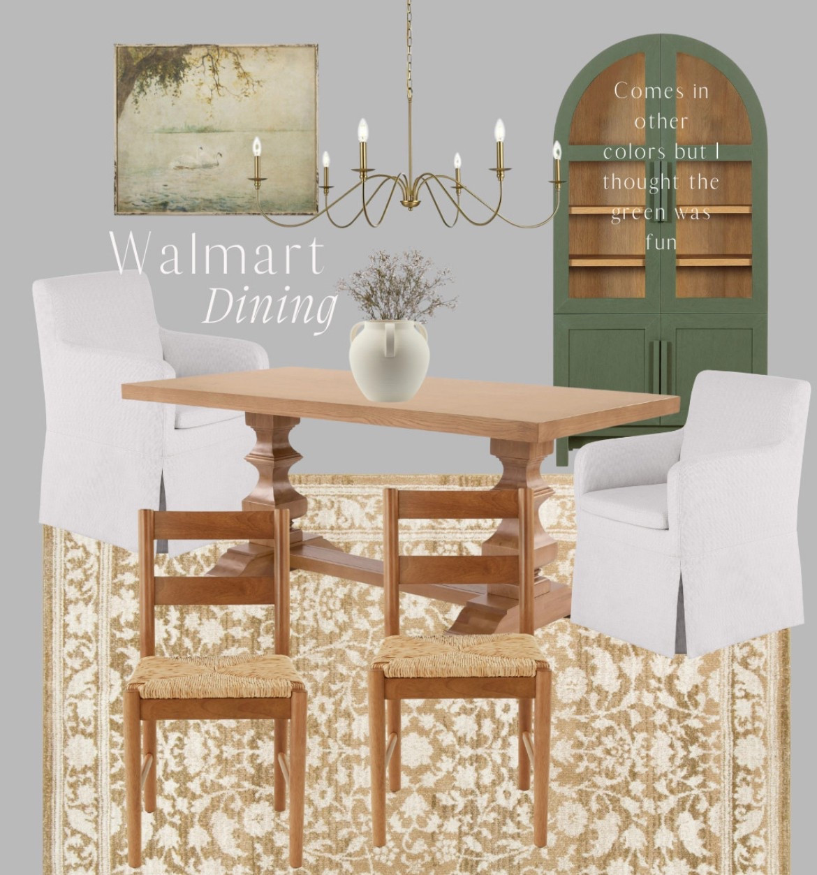 Walmart dining room, dining table, trestle table, dining chairs, slipcover dining chairs, arched cabinet, pottery barn dupe, pottery barn chandelier, gold chandelier 

 

#LTKSaleAlert #LTKHome #LTKFindsUnder100