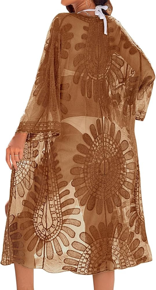 Blooming Jelly Womens Kimono Mesh Swimsuit Coverup Lace Embroidered Long Beach Cover Ups 3/4 Slee... | Amazon (US)