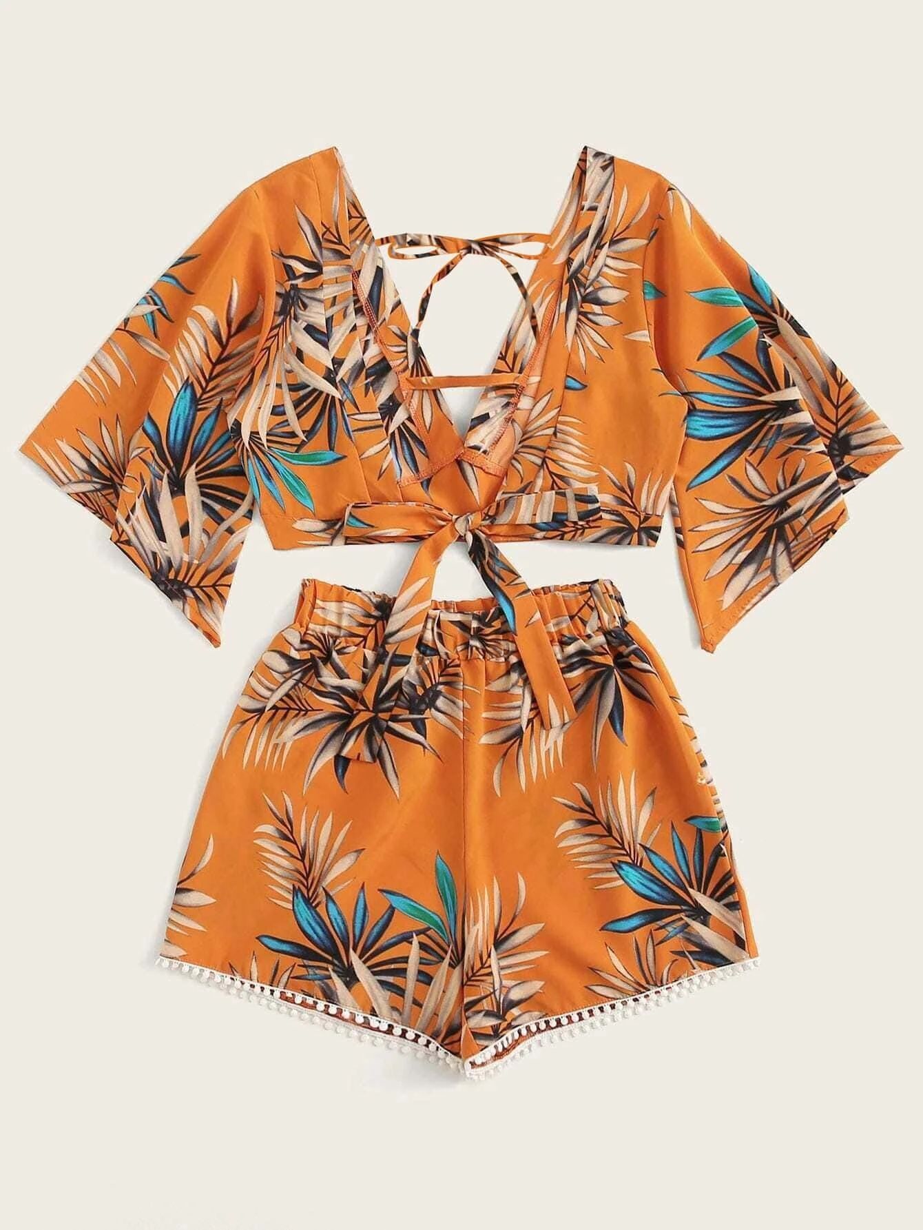 Tropical Plunging Crop Top & Pom Pom Shorts Set | SHEIN