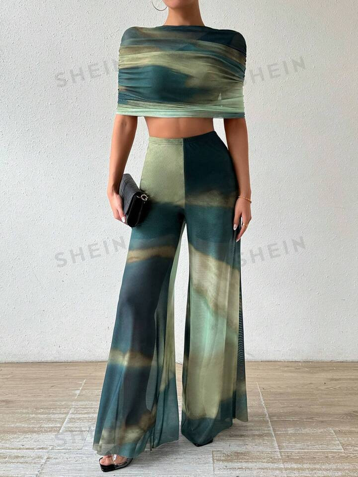 SHEIN Privé Ladies' Tie-Dyed One Shoulder Cropped Top And Wide Leg Pants Two Piece Set | SHEIN