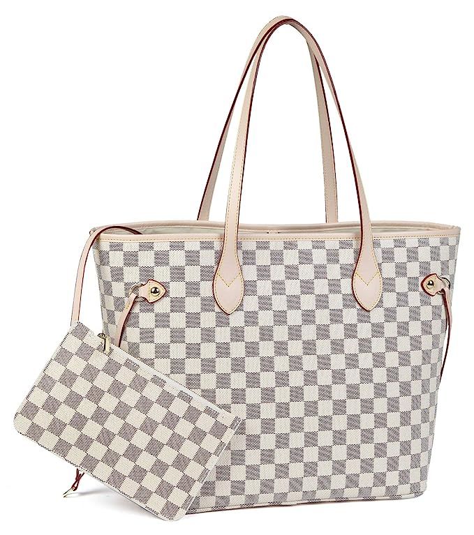 Daisy Rose Checkered Tote Shoulder Bag with inner pouch - PU Vegan Leather (Cream) | Amazon (US)