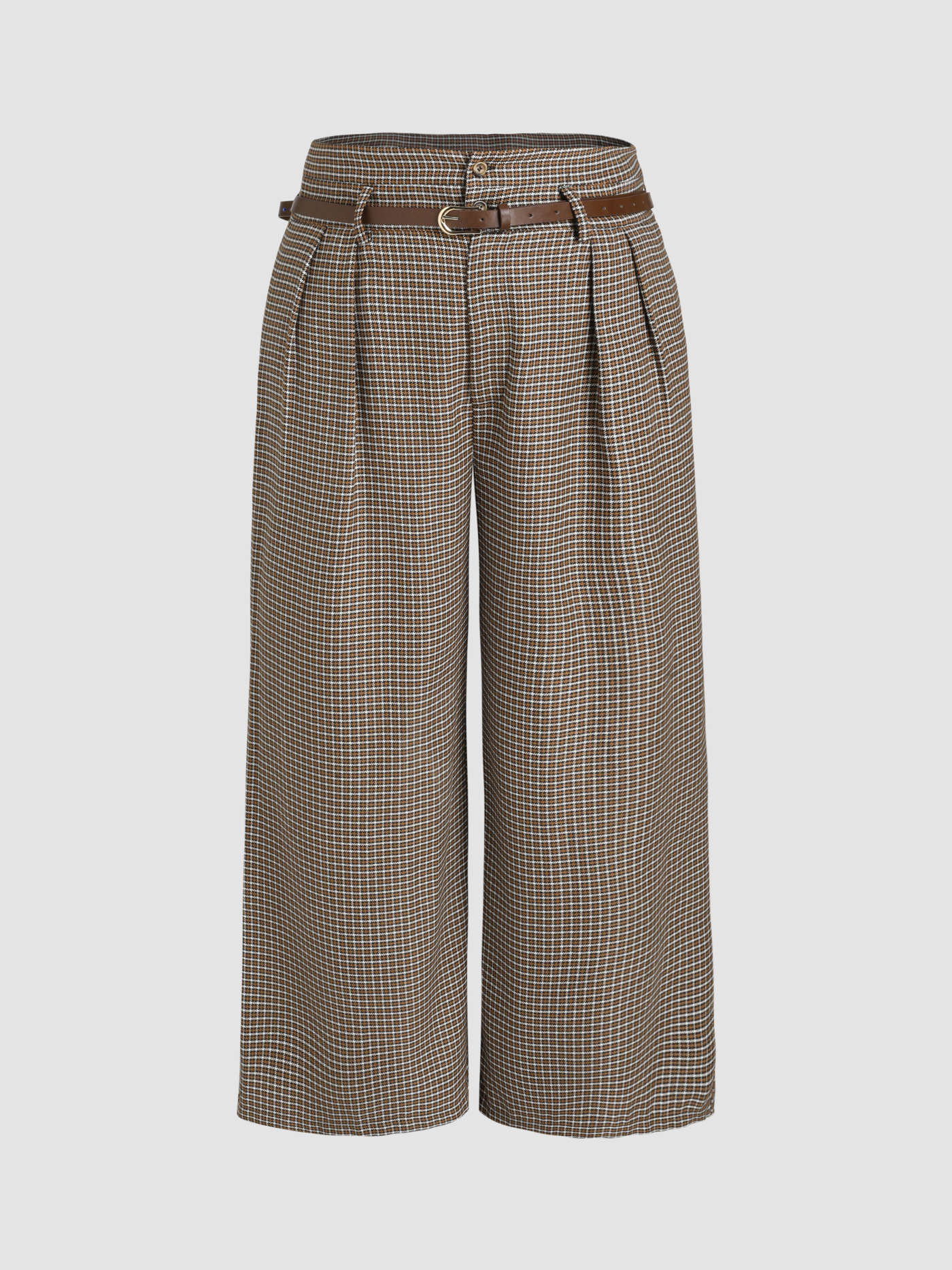 Houndstooth Mid Waist Belted Wide Leg Trousers Curve & Plus | Cider